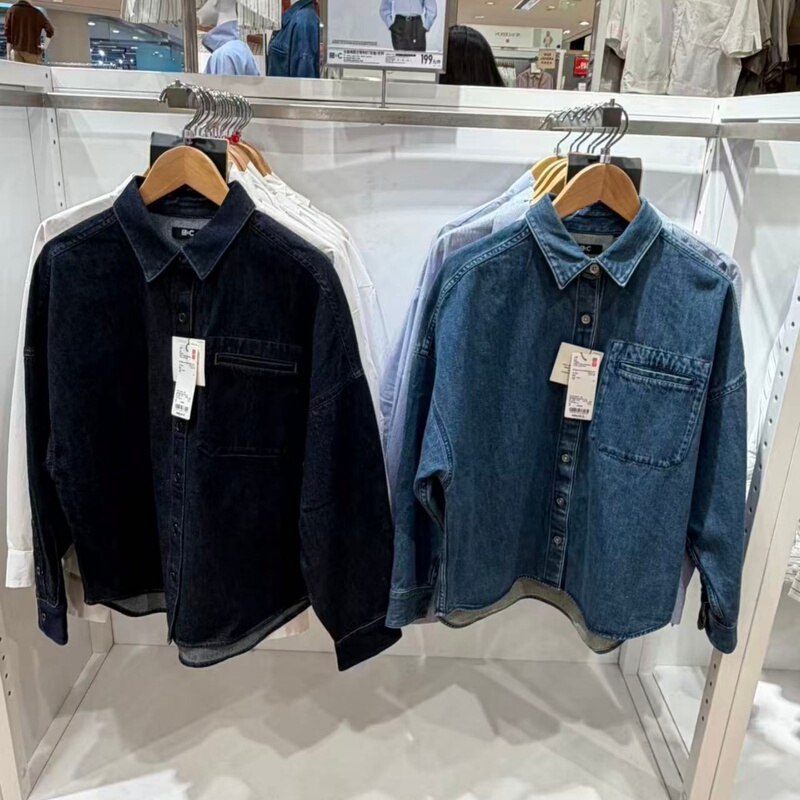 Uniqlo 492123 Women's Denim Loose Shirt-Style Jacket/Long-Sleeve Washed Product Collaboration Shirt