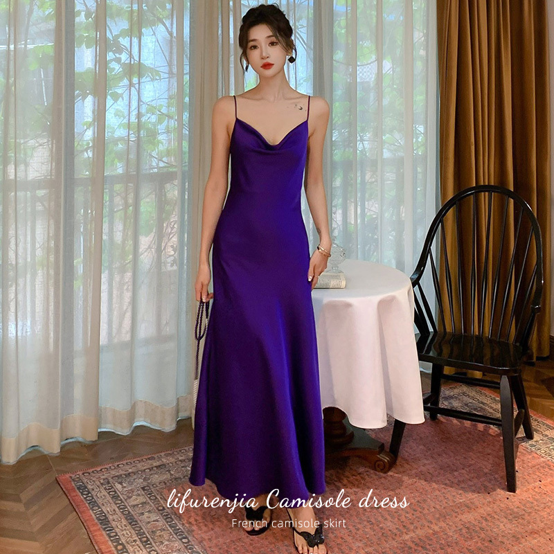High-End Acetate Slip Dress for Women, Summer 2025 New Style, Slim Fit, Sexy, Suitable for Outings, Silk Inner Layer Long Dress
