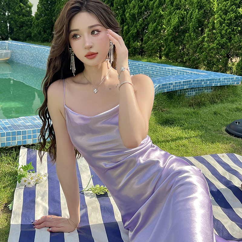 Elegant Satin Dress for Women, Acetate Swing Collar, High-End, Niche, Sexy Spaghetti Strap Dress, Purple Inner Long Dress