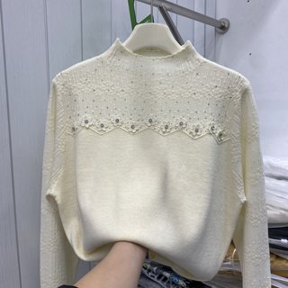 欧货2025秋冬时尚韩范半高领显瘦蕾丝边刺绣钉长袖珠针织衫上衣女