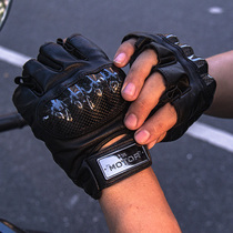 MR MOTOR vintage leather motorcycle riding half finger gloves male carbon fiber motorcycle racing fingerless touch screen
