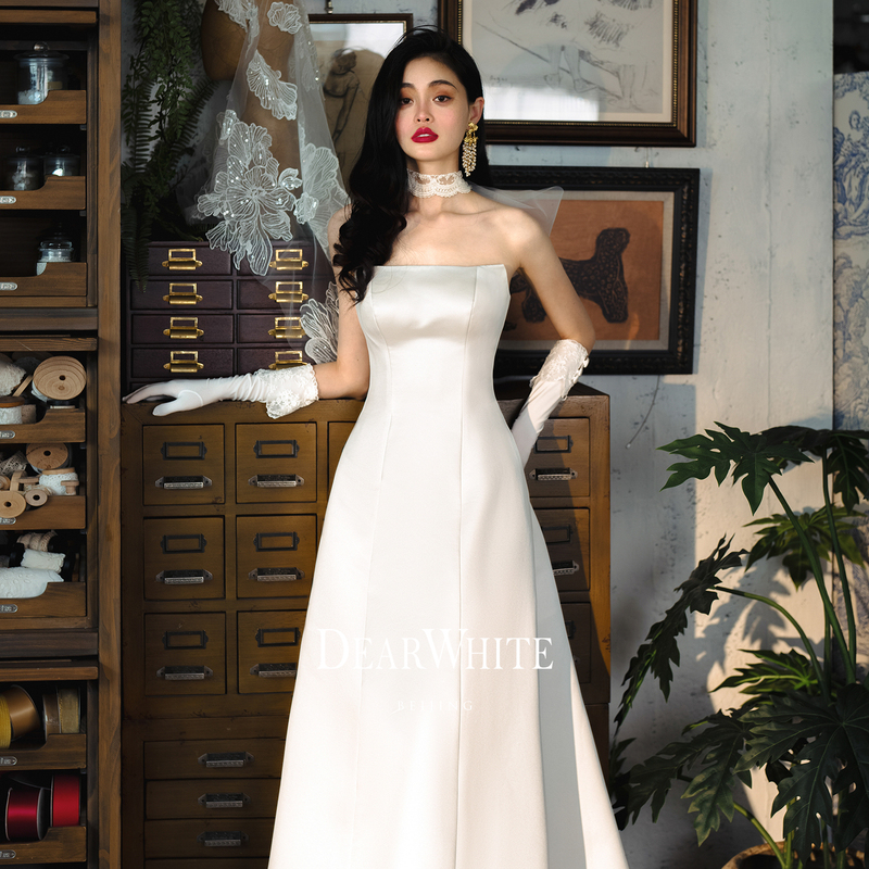 Dearwhite Original Design of the Simple Satin Strapless Wedding Dress, Engagement Dress for the Bride Dearwhite Original Design of the Simple Satin Strapless Wedding Dress, Engagement Dress for the Bride
