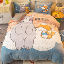 Thickened cartoon coral velvet bed four-piece set Children winter milk flannel sheets double-sided plus velvet quilt cover men