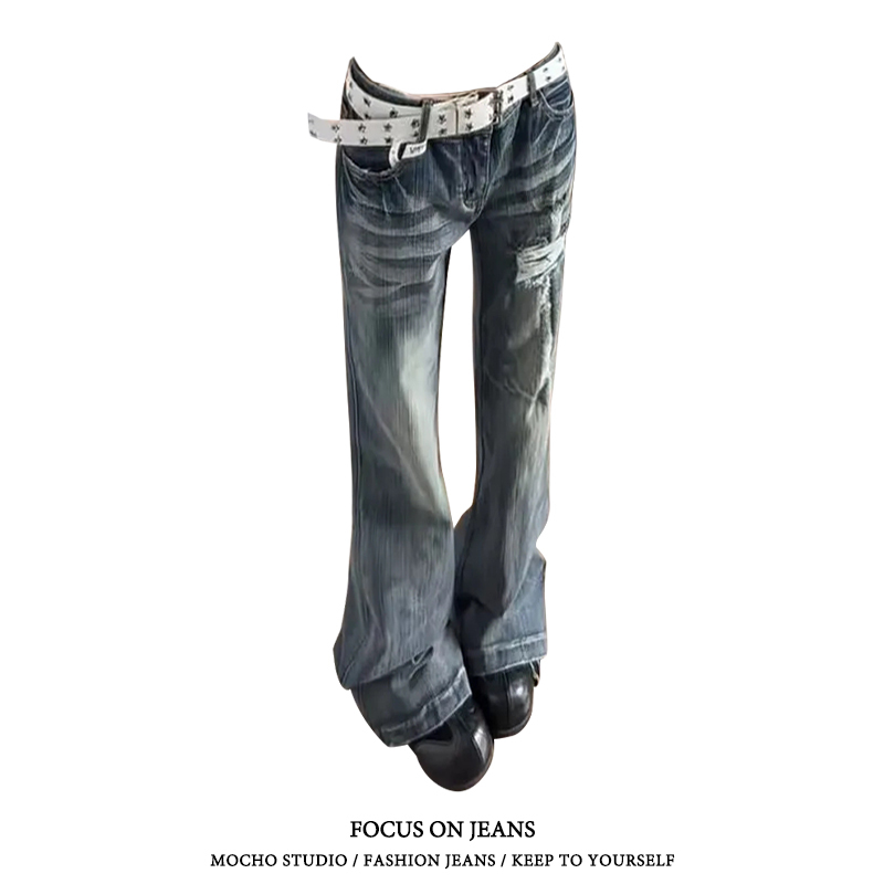 American Retro Cross-Hole Ripped Jeans for Women, Summer Low-Waist High-Street Design, Slim Fit, Flared Pants