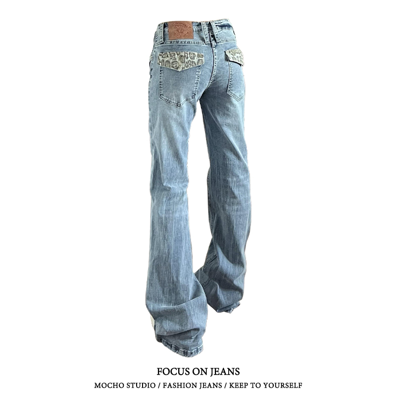 American Retro Leopard Print Patchwork Low-Waist Straight-Leg Jeans for Women, Summer High-Street Design, Slim-Fit Narrow Pants