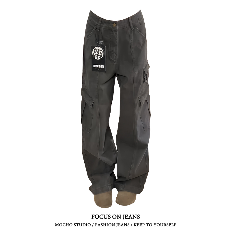 American Retro Multi-Pocket Workwear Jeans for Women, Summer High Street Design, Loose Straight Wide-Leg Casual Pants