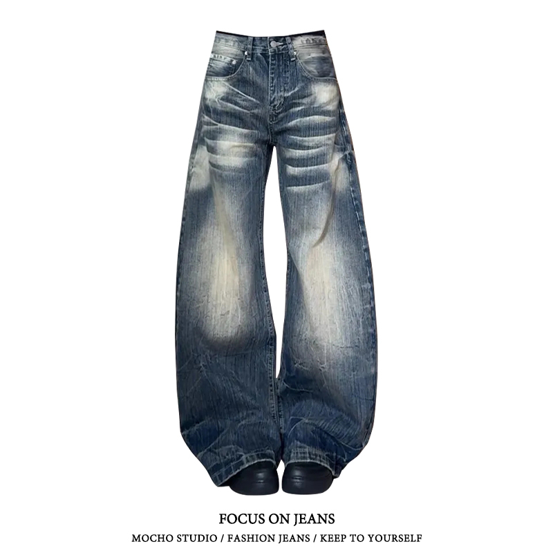 American Retro Washed Bamboo Pattern Scimitar Jeans for Women, Autumn and Winter Style, High Street Design, Loose and Slimming Wide-Leg Pants