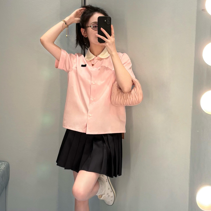 Shenzhen Nanyou High-End Women's Clothing m Letter Logo Embroidered Pink Retro Preppy Style Doll Collar Short-Sleeved Shirt for Women