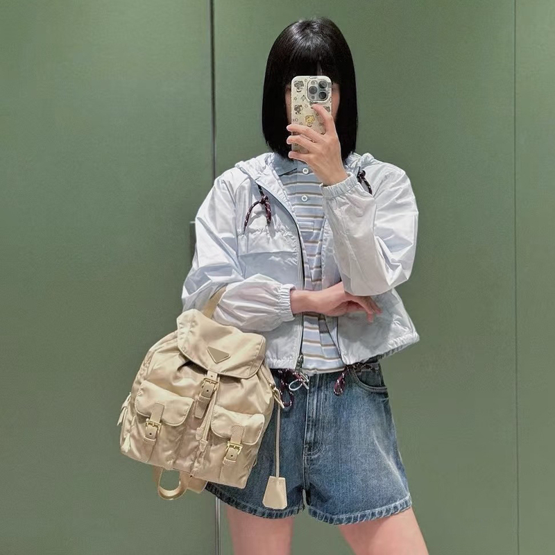 Nanyou High-End Women's Clothing Blue Casual Nylon Triangle Logo Drawstring Zipper Hooded Jacket Women's Short Sun Protection Jacket