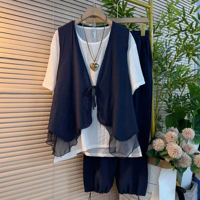 Plus-Size Fat Girl 2026 Summer New Fashion Slimming Loose Stylish Age-Reducing Vest T-Shirt Casual Pants Three-Piece Set