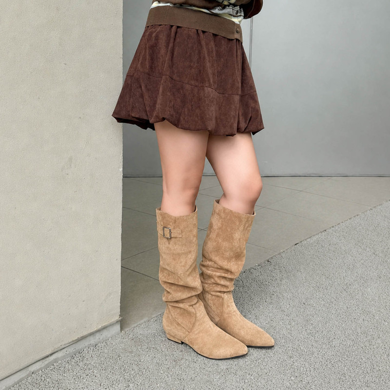 Wide-Fit European and American Style Pointed-Toe Slouchy Boots for Women, Winter Suede Leather Belt Buckle Slimming Long Boots, Riding Boots Wide-Fit European and American Style Pointed-Toe Slouchy Boots for Women, Winter Suede Leather Belt Buckle Slimming Long Boots, Riding Boots