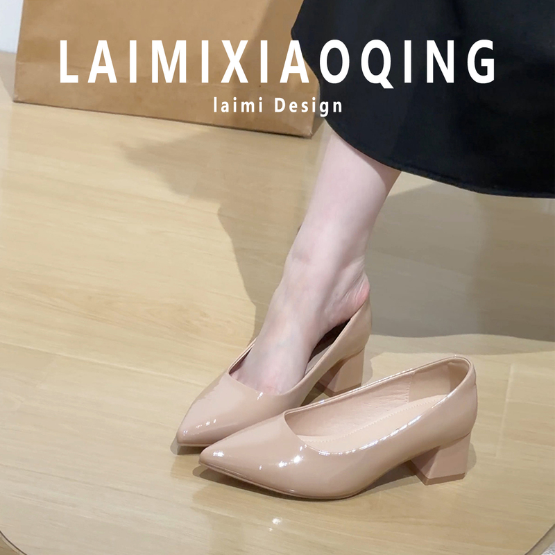 Wider Version~French-Style Pointed-Toe Chunky Heel Women's Patent Leather Shallow-Mouth Shoes, Comfortable Work Shoes, Mid-Heel Shoes, Large Size Women's Shoes