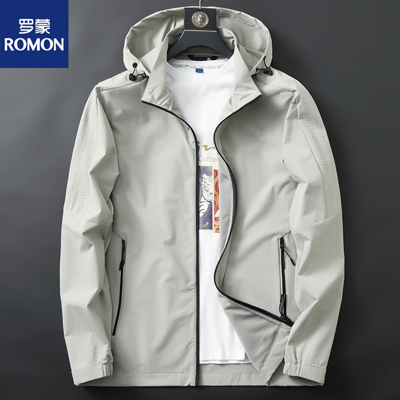 Romon Spring and Autumn Large Size Men's Sports Jacket New Trendy Plus-Size Detachable Hood Casual Loose Thin Jacket