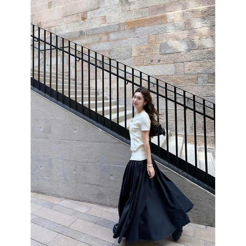 Cheese' Visual Focus' Pima Cotton Navy Blue Patchwork Flared Skirt Women's Slimming A-Line Midi Skirt Long Skirt