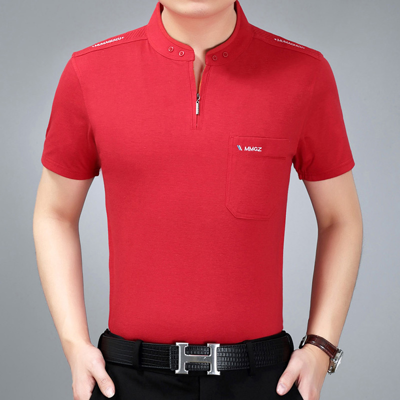 Mùa hè mới trung niên nam tay ngắn cổ áo sơ mi cha giản dị mặc cổ trung niên V-cổ nam dây kéo áo thun nam tay ngắn có nón