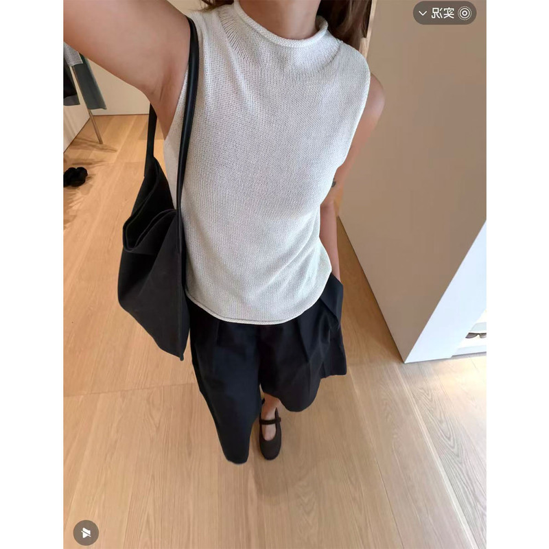 Jaja Summer Retro Lyocell Linen Half-High Collar Rolled Edge Chunky Knit Vest Tt050015