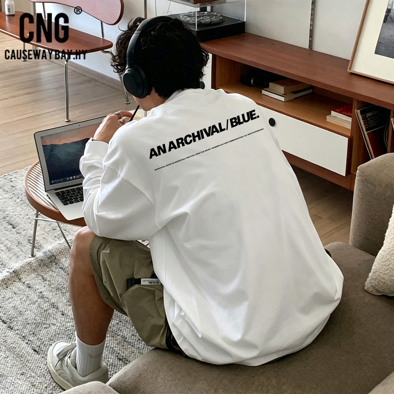 Cng Trendy American Retro Letter Long-Sleeve T-Shirt for Men, Heavyweight Pure Cotton, Loose Fit, Crew Neck, Back Print Base Shirt Cng Trendy American Retro Letter Long-Sleeve T-Shirt for Men, Heavyweight Pure Cotton, Loose Fit, Crew Neck, Back Print Base Shirt
