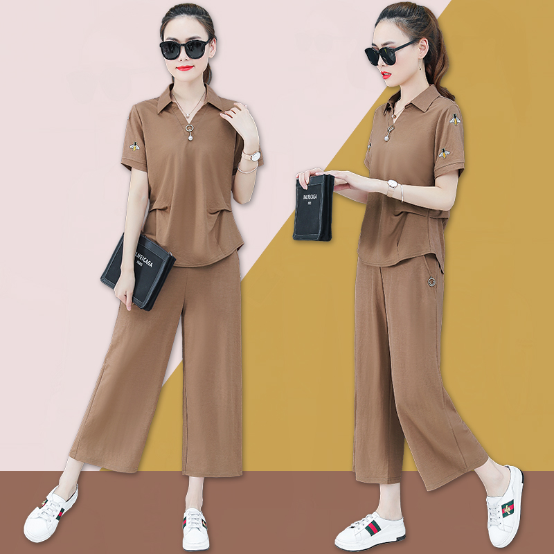 Designer Ice Silk Sportswear Suit Woman Thin style Casual Two-style Summer Short Sleeve Broadlegged Pants Cotton Numb Mother Women Dress