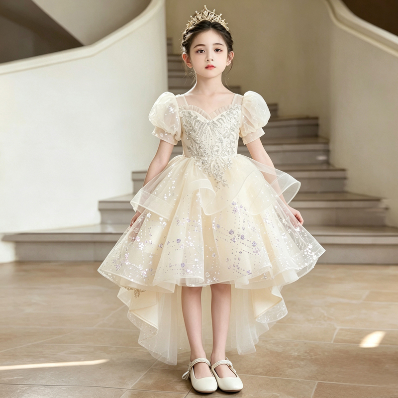 Girls' Dress with a Train, High-End Light Luxury, Niche Flower Girl Wedding Dress, Children's Host Piano Performance Princess Dress