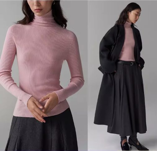 Australian Pure Wool Slim-Fit High-Neck Base Knit Sweater Pink Top for Women Autumn and Winter