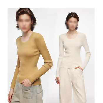 [Tec Machine Washable Wool]48-Count Yangzi Yarn U-Neck Ribbed Slim-Fit Slimming Knit Wool Base Shirt for Women