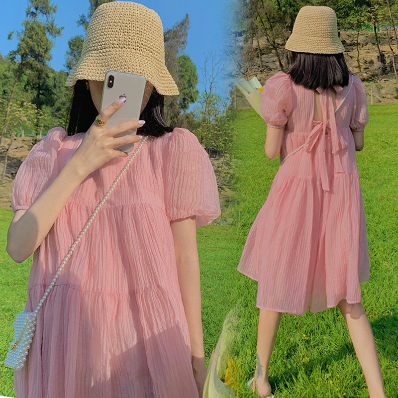 2021 pregnant women summer dress Korean version large size open back careful machine round neck French sweet and thin pink skirt
