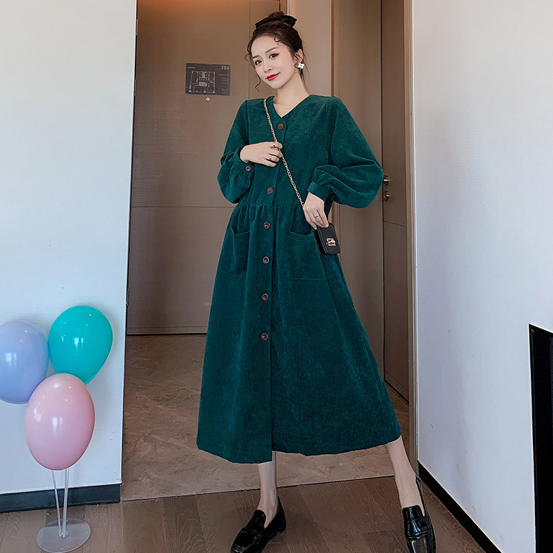 Spring and Autumn Maternity Clothing 2021 Fashion Thickened Loose Large Size Dresses Over the Knee Trendy Hot Mom Breast Buttons Covering Pregnant Belly Long Skirts
