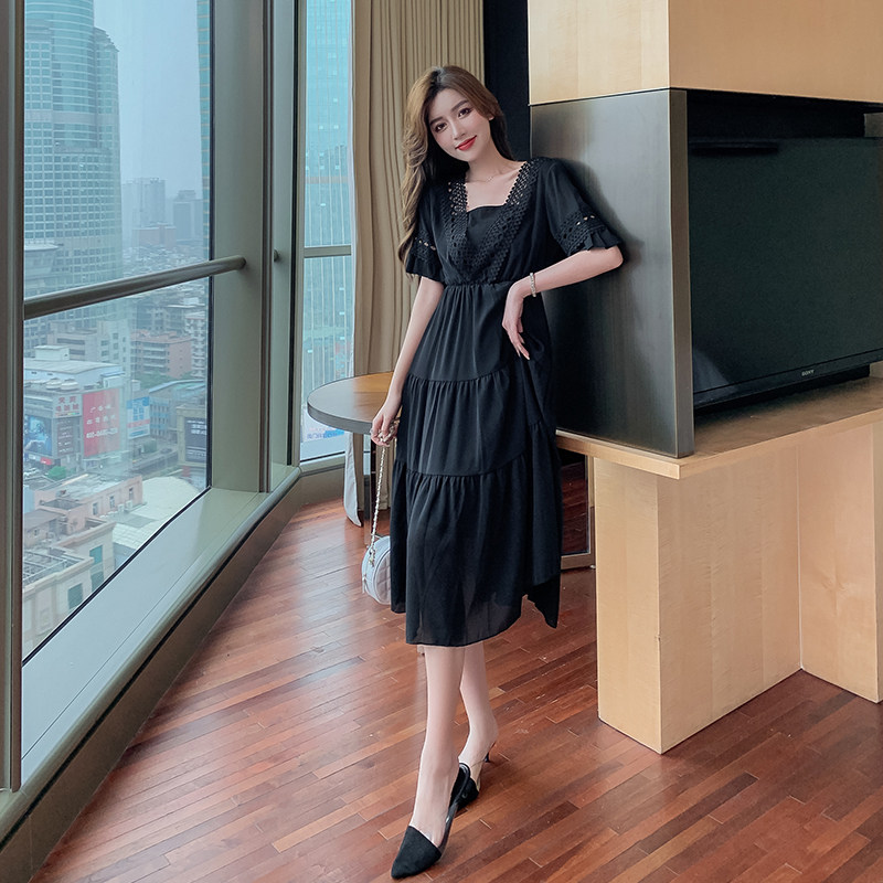 2021 Pregnant Woman Summer Dress Long Dress New Fashion Korean Version Lotus Leaf Cuff Loose thin temperament Aging Hollowed-out Ocean Dress