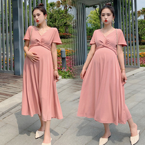 2021 pregnant woman summer dress new loose display slim fit style high waist one-piece dress damp hot mother pure color minimalist V lead long dress
