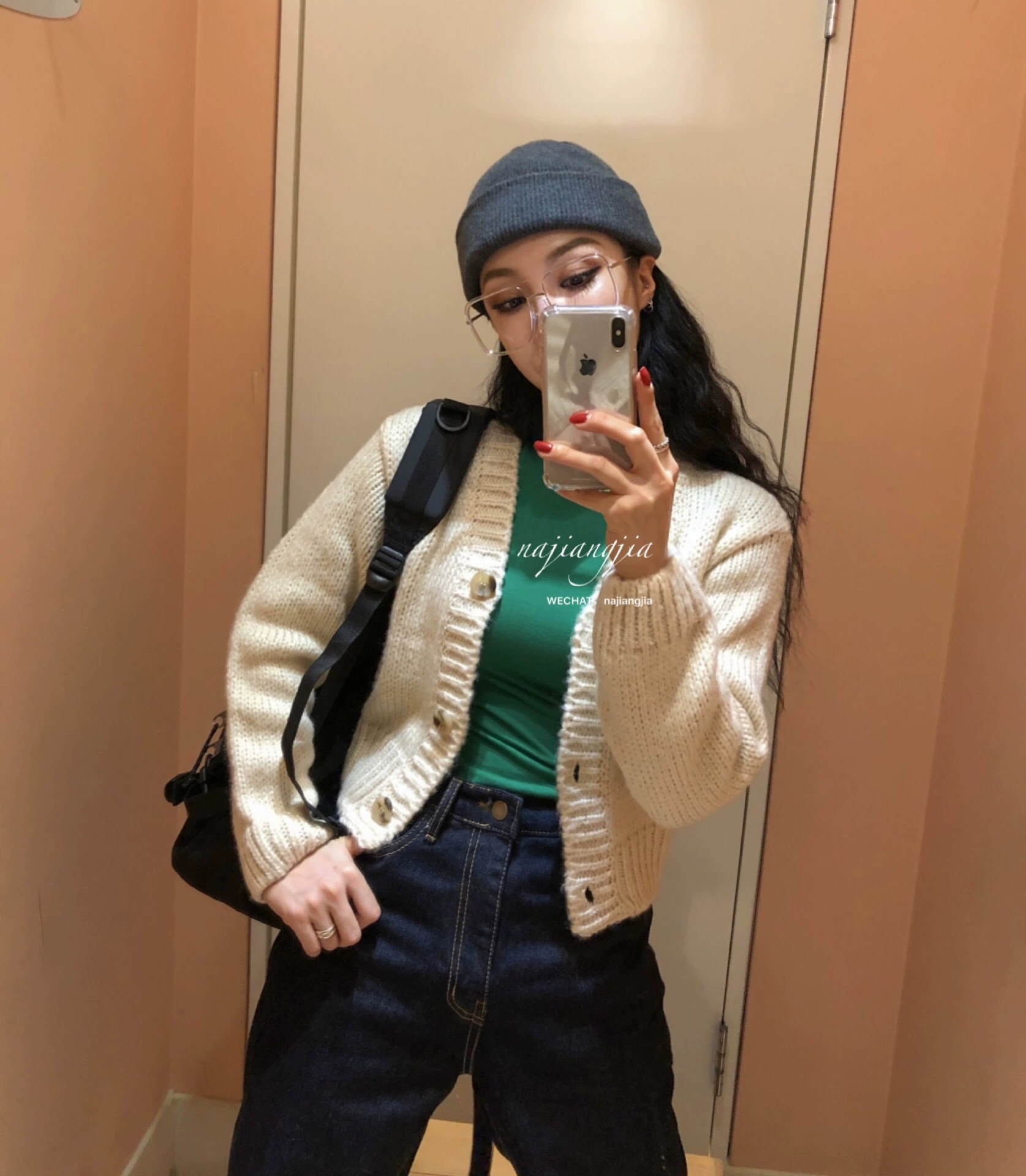 [Najiang] Mua sắm net Hàn Quốc màu đen siêu phổ biến áo len dệt kim ngắn cắt cúp 5 màu nữ - Cardigan