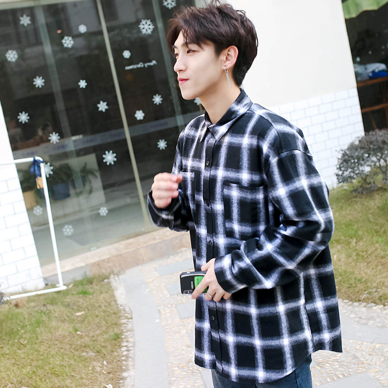 ins men's cotton Hong Kong style long-sleeved student loose Korean shirt couple casual boys cotton plaid shirt