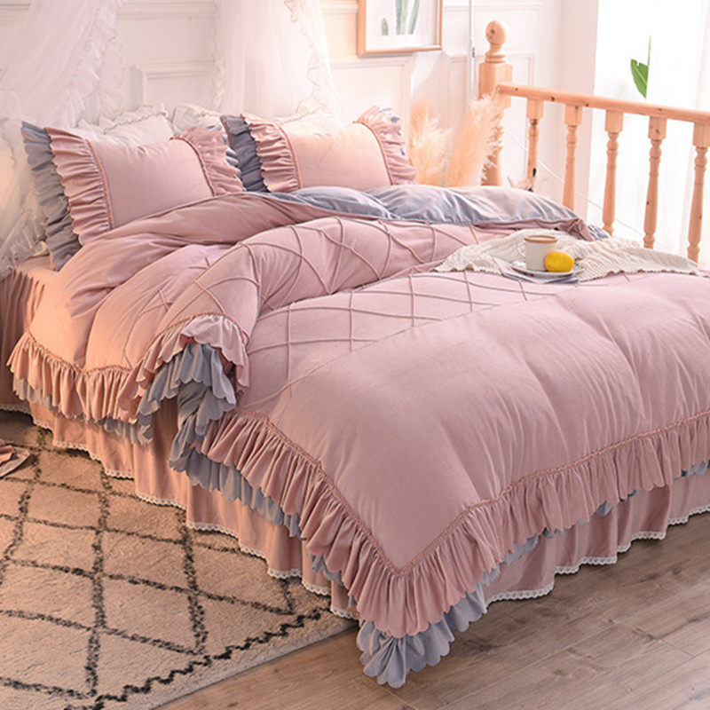 Winter girl heart coral velvet bed four-piece double-sided velvet flannel ins princess style lace bed skirt quilt cover