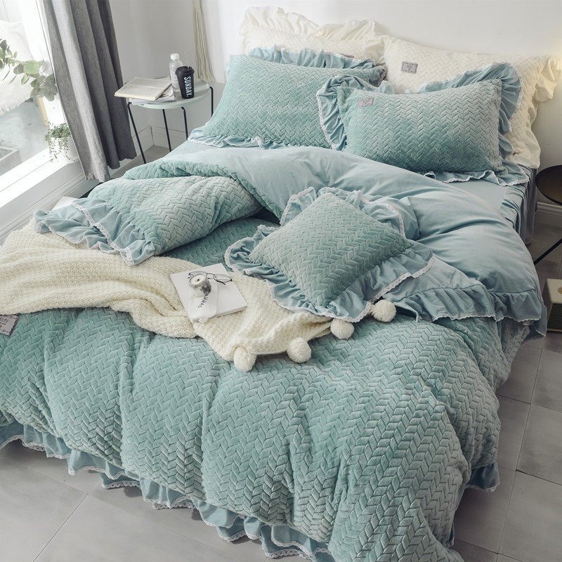 Korean style princess style rabbit velvet four-piece bed coral velvet thickened flannel bed skirt quilt cover crystal double-sided velvet