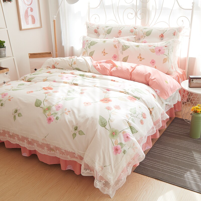 ins Korean bed skirt style 100 cotton four-piece set lace lace pure cotton princess style simple 1 8m bedding