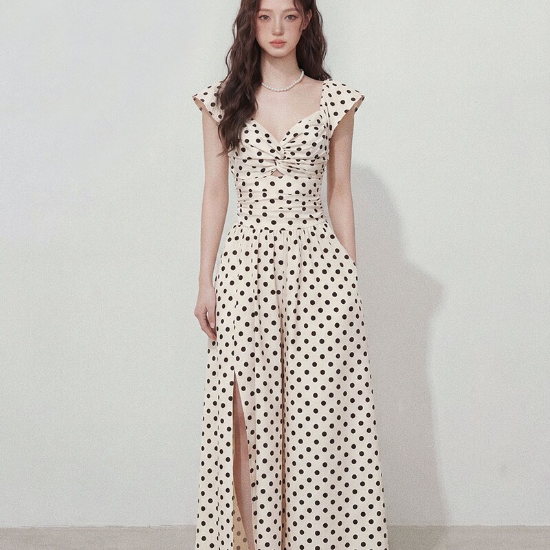 Today I'M Wearing a High-End Polka Dot Dress, a New Summer Style with Pleated Waist, Slimming and Elegant Long Dress