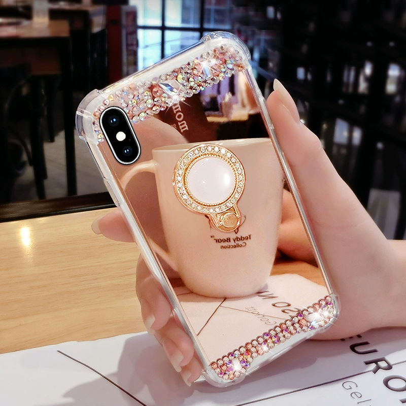 Ốp lưng điện thoại di động SE2 Apple X gương trang điểm mới nổi tiếng trên mạng iphone8plus Thương hiệu thời trang Châu Âu và Mỹ Gương trang điểm 7P silicon rung 8 đèn flash nữ giá đỡ nhẫn kim cương iphoneX màu kim cương cường lực vỏ cứng - Nhẫn