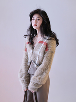 MXU Sweetness Furry 2022 Spring New Imitation Mink Cashmere Collision Color Striped Short lantern sleeve cardiovert sweater woman
