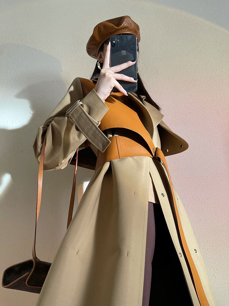 MXU level aesthetic Early spring two-piece detachable design sense leather patch leather mid-length temperament trench coat coat woman
