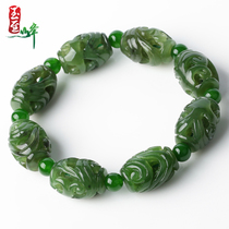 Jade to Feng Hetian Jade Jasper bracelet men and women spinach green hand string Road hollow auspicious cloud carved jade beads