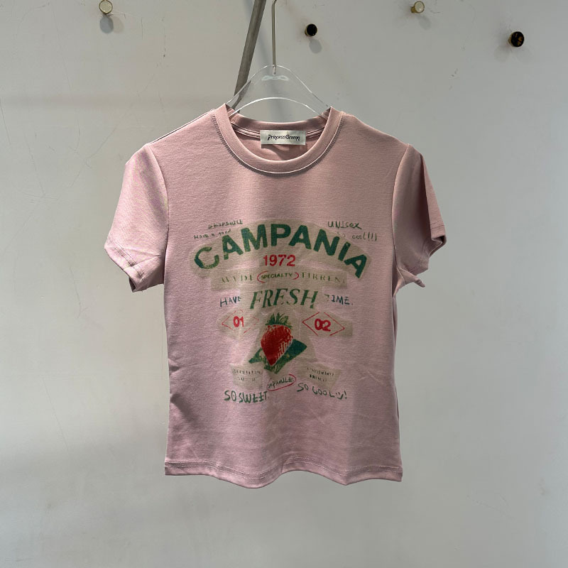 [in Stock] 26 Spring/Summer New American Retro Pink Strawberry Letter Print Slim-Fit Short-Sleeve T-Shirt for Women