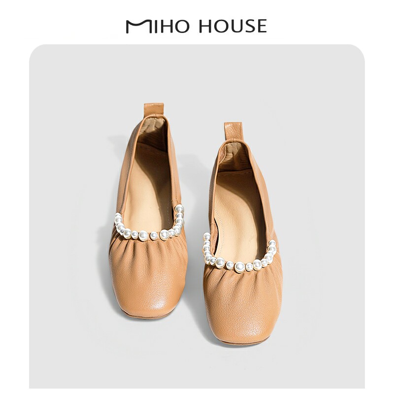 ULOVAZN Japanese egg roll soft bottom pearl khaki Mary Jane slip-on comfortable square head personality flat shoes