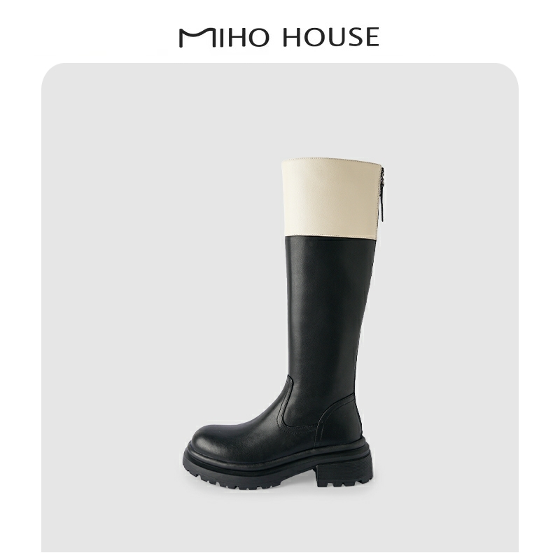 ULOVAZN Japan's autumn and winter new white thick-soled thick-heeled boots women's mid-heel fashion color matching knight boots tide