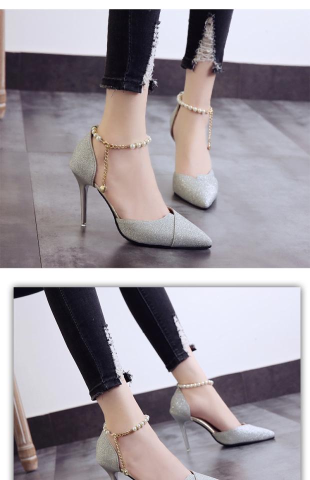 Xuân-Hè 2018 mới sandal cao gót nữ đính cườm mũi nhọn của phụ nữ dép converse