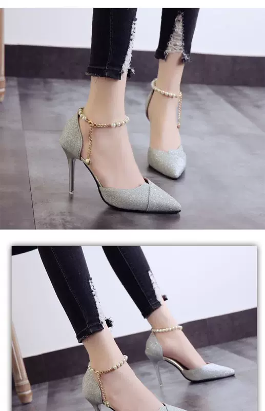 Xuân-Hè 2018 mới sandal cao gót nữ đính cườm mũi nhọn của phụ nữ