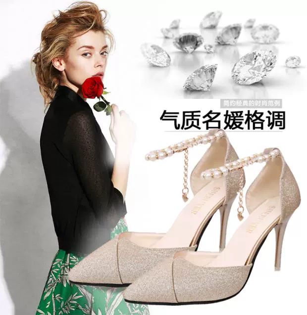 Giày cao gót nữ Baotou mùa hè 2018 hè mới đính cườm mũi nhọn nữ với giày đế xuồng Hàn Quốc