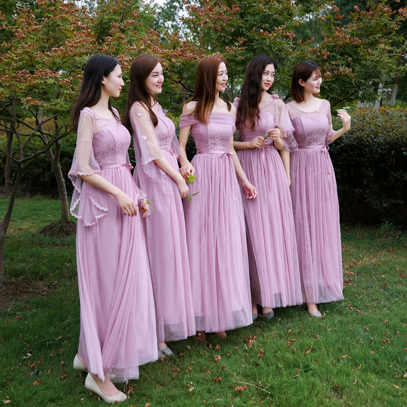 Bridesmaid dress 2020 new Korean version of the word shoulder dress gray long version of the thin bridesmaid group sister dress dress