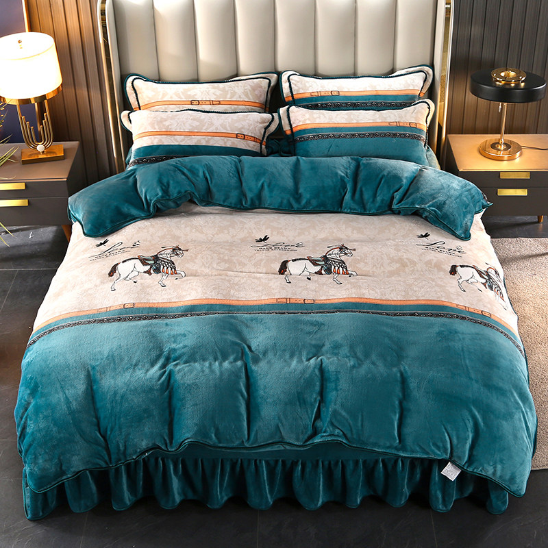 Thick milk velvet bed skirt four-piece set coral velvet winter double sided gold mink velvet sheets duvet cover flannel