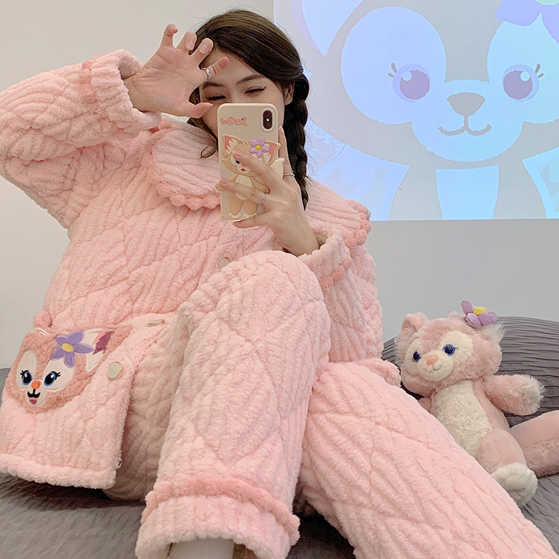 Coral Suede Pajamas Woman Autumn Winter Thicken Plus Suede Triple Clip Cotton Padded Jacket Flannel Velvet Nabelle Home Suit-Taobao