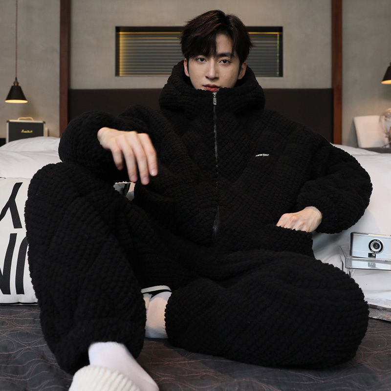 Men's Pajamas Winter Fleece-Lined Thickened Coral Fleece Three-Layer Quilted Jacket Hooded Zipper Flannel Loungewear Set Men's Pajamas Winter Fleece-Lined Thickened Coral Fleece Three-Layer Quilted Jacket Hooded Zipper Flannel Loungewear Set
