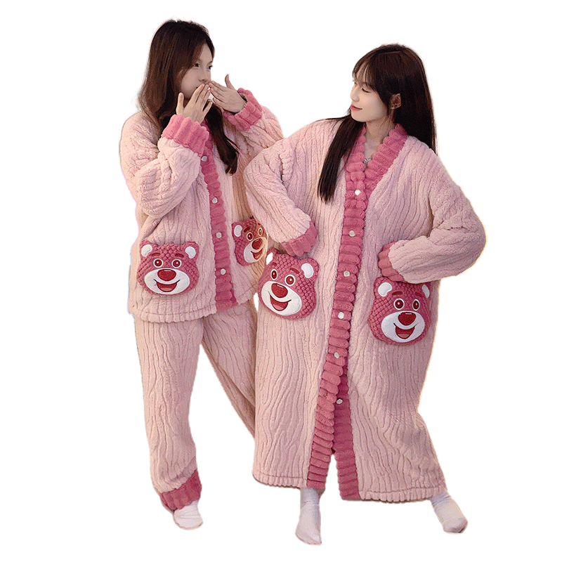 闺蜜珊瑚绒睡衣冬款女生加厚加绒姐妹装长款睡裙可外穿家居服套装
